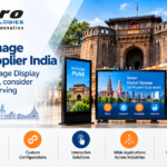 Elpro Technologies digital signage display supplier featured image for Pune with digital screens and corporate blue orange branding