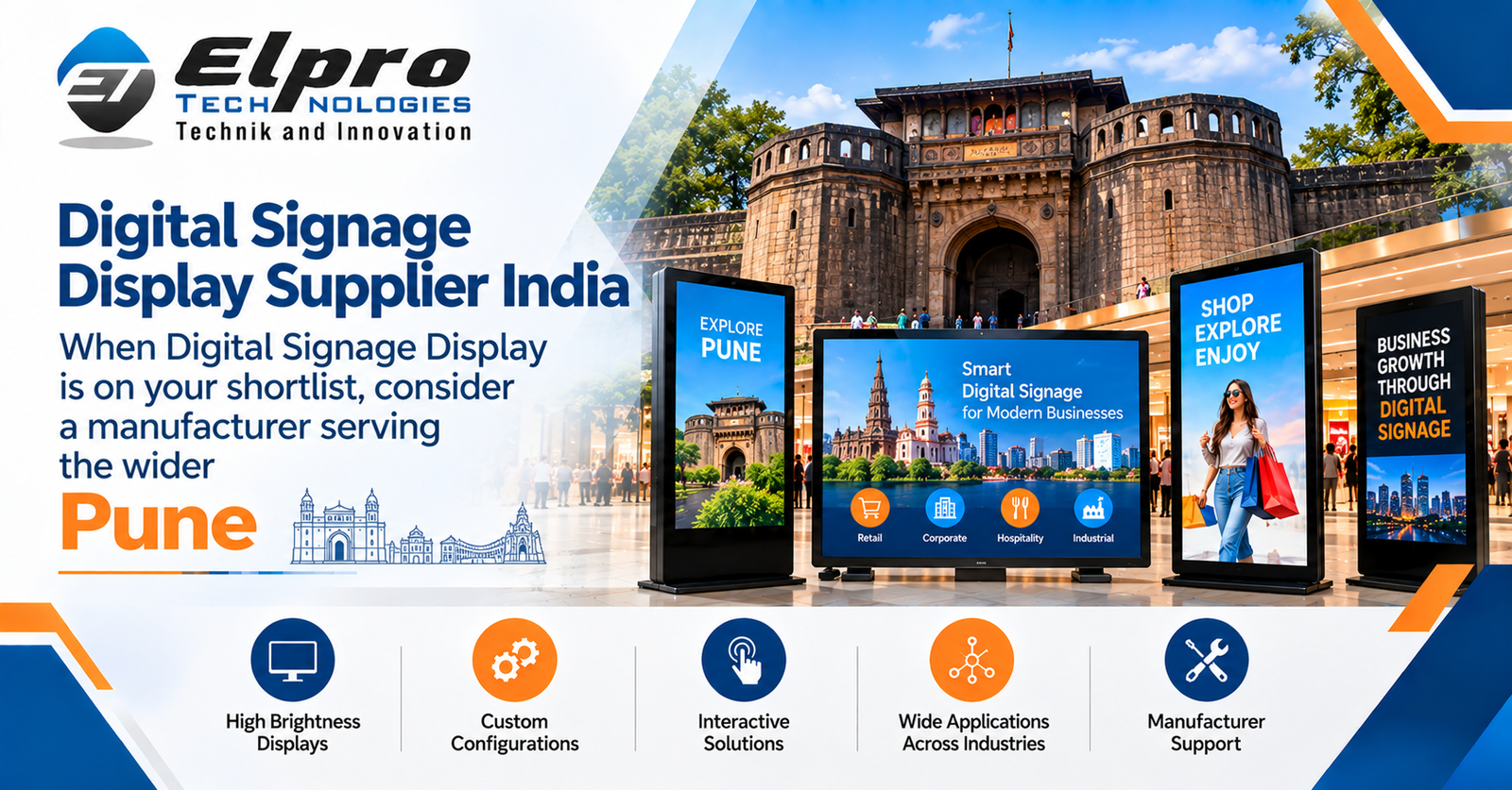 Elpro Technologies digital signage display supplier featured image for Pune with digital screens and corporate blue orange branding