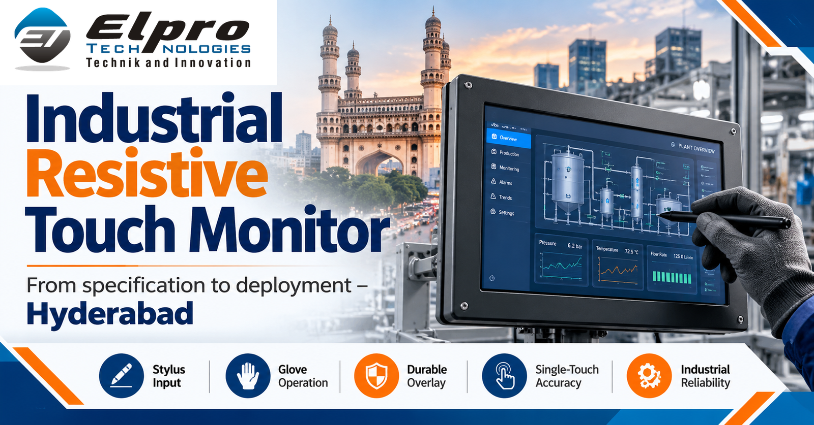 Industrial Resistive Touch Monitor Supplier – Hyderabad featuring the official Elpro Technologies logo
