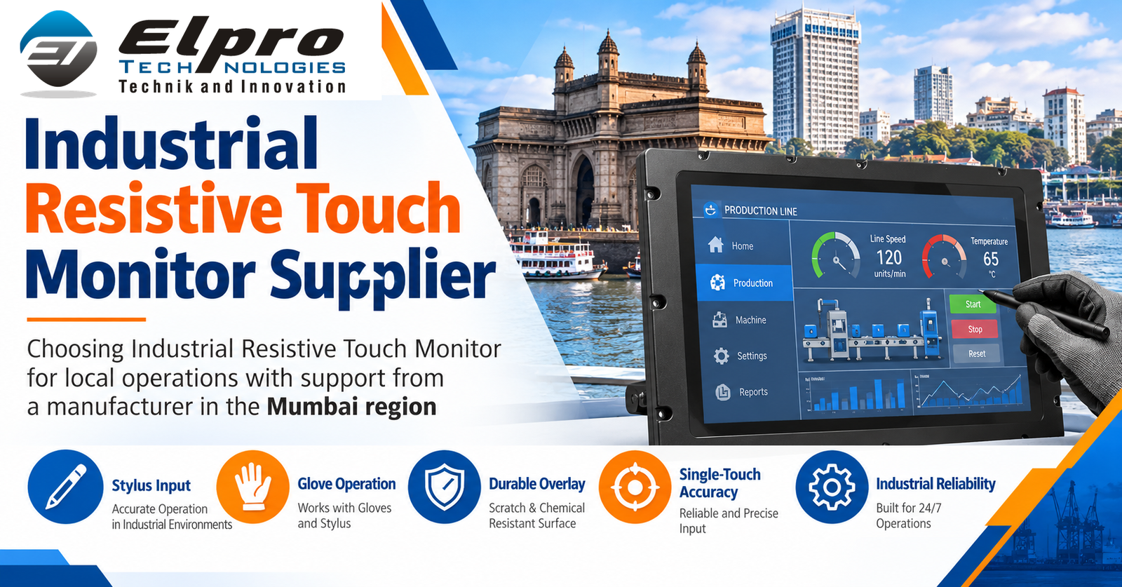 Industrial Resistive Touch Monitor Supplier – Mumbai featuring the official Elpro Technologies logo