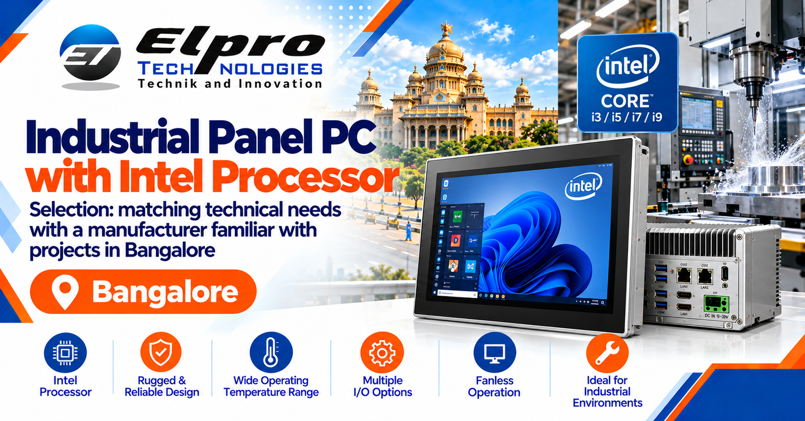 Elpro Technologies industrial panel PC with Intel processor, Bangalore backdrop, industrial automation hardware and blue orange corporate styling