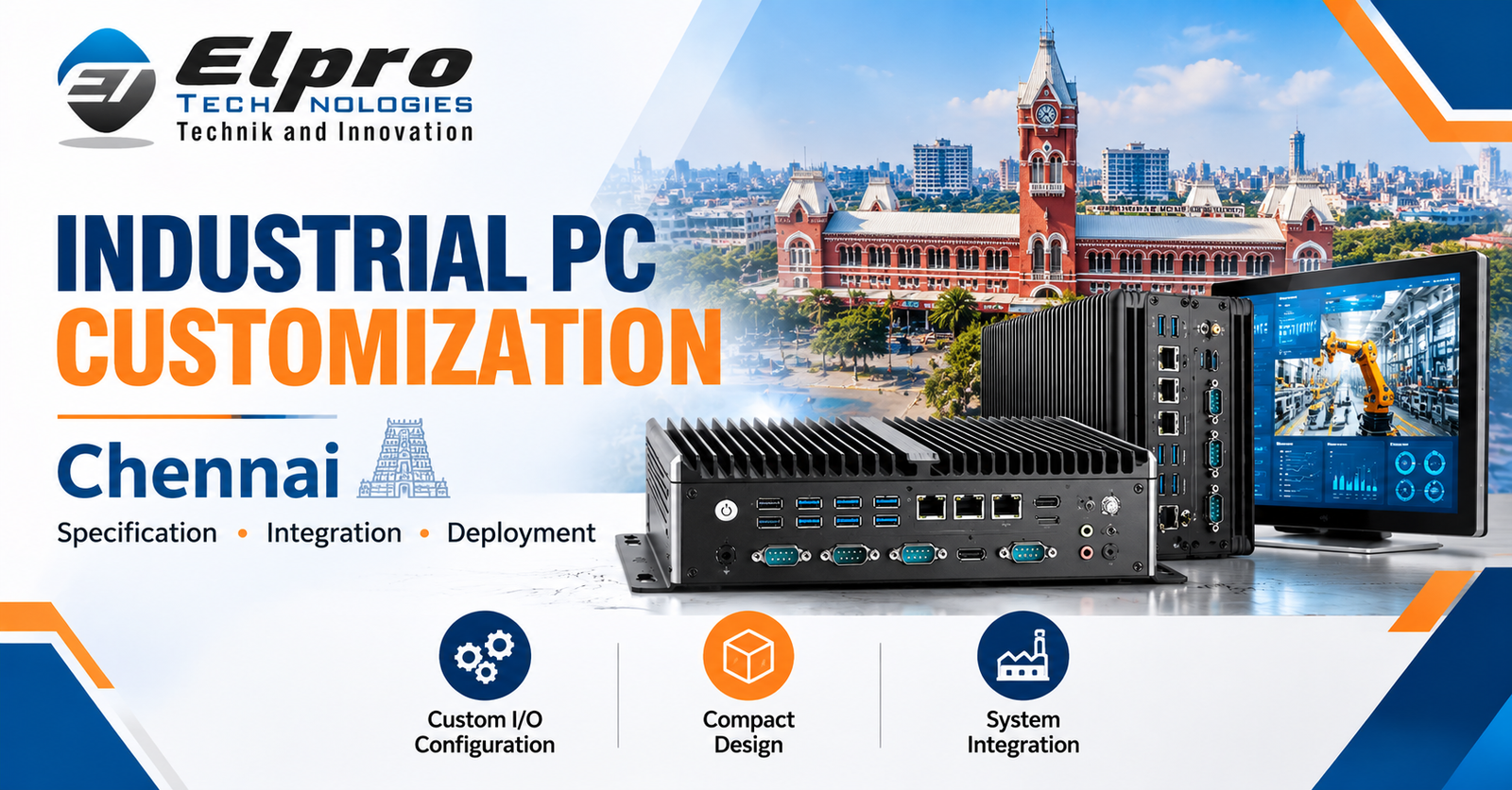 Elpro Technologies industrial PC customization featured image for projects in Chennai, showing fanless industrial computers and integration theme