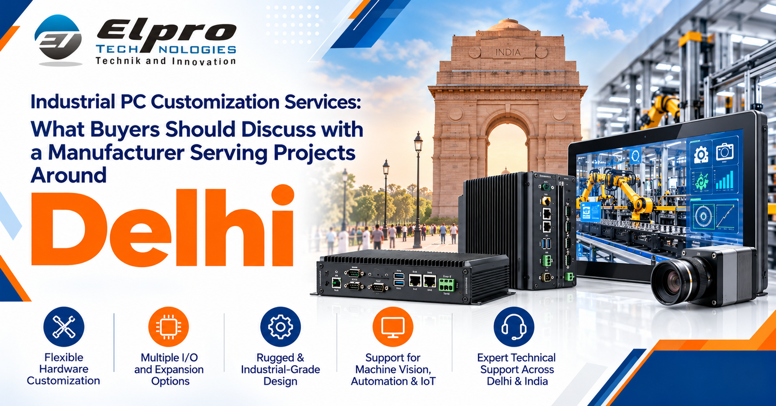 Elpro Technologies branded industrial PC customization banner for Delhi with industrial computers, machine vision and automation visuals