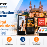 Elpro Technologies retail digital signage featured banner for Hyderabad, with mall display screens, interactive directory kiosk, and Charminar skyline